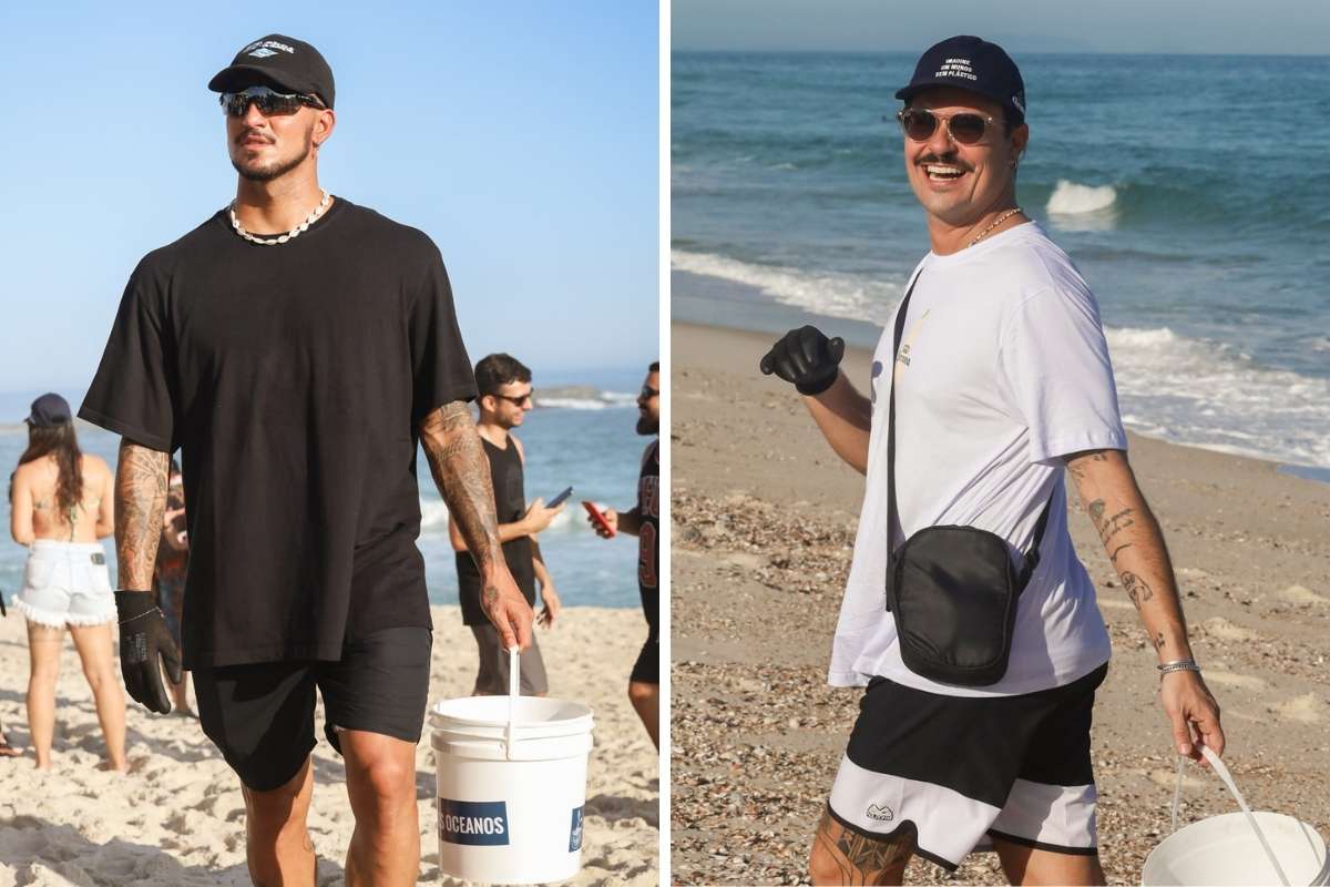 Gabriel Medina e Paulo Vilhena participam de limpeza de praia no Rio