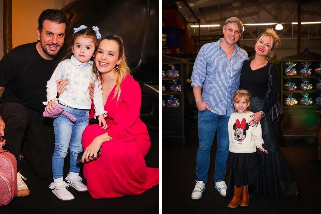 Thaeme com o marido e a filha, Liz e Eliana com o marido e a filha, Manuela.