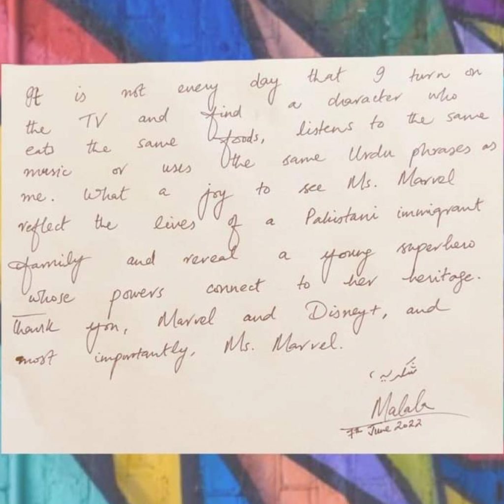 Carta de Malala para a produção de Ms. Marvel