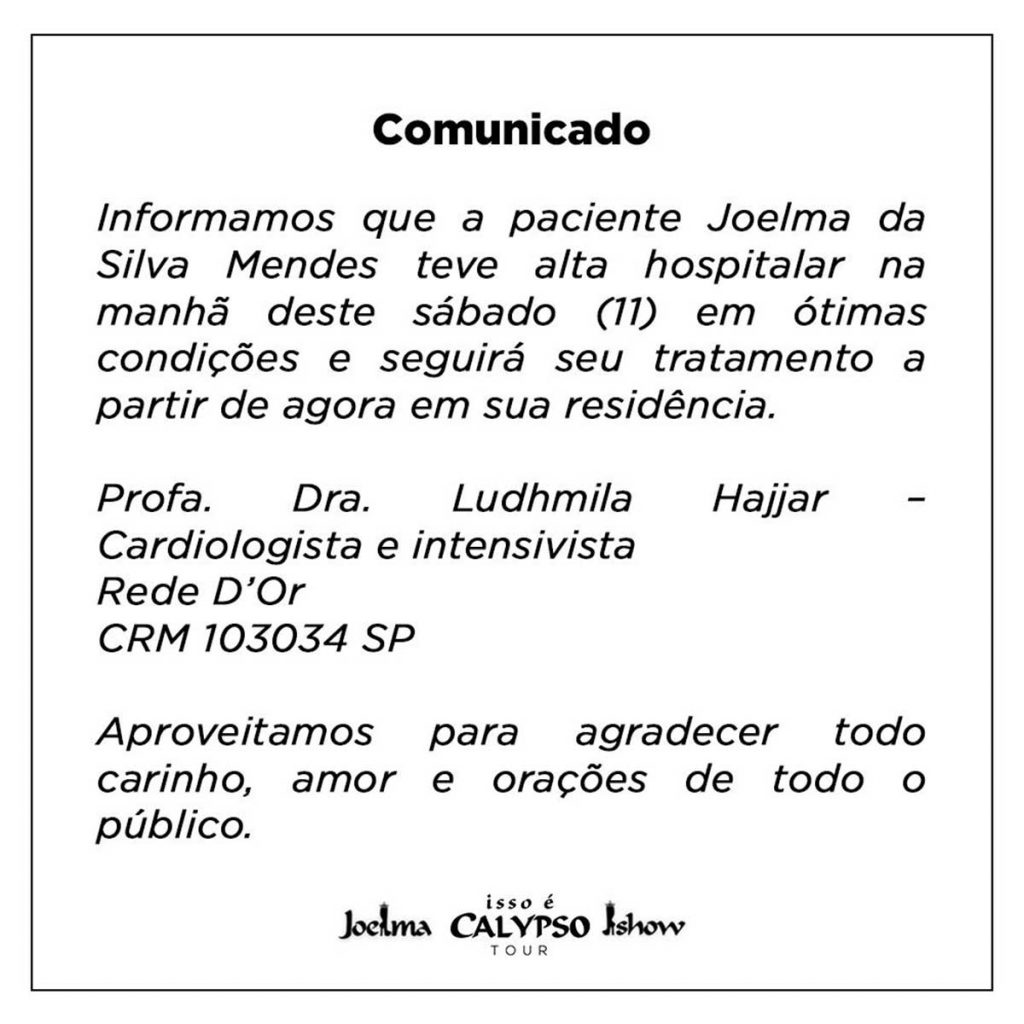 Comunicado de alta hospitalar Joelma