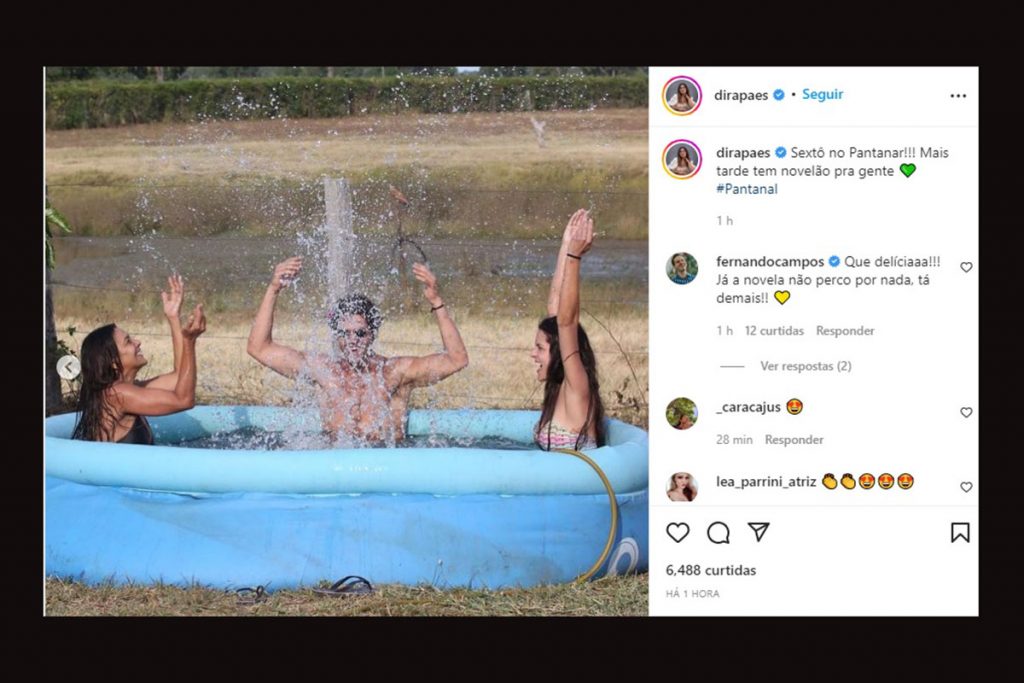 Dira Paes curte piscina com José Loreto e Paula Barbosa