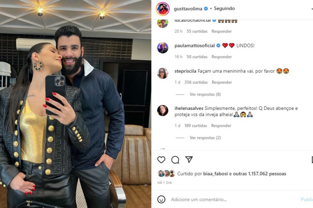 Gusttavo Lima posa com Andressa Suita nas redes sociais
