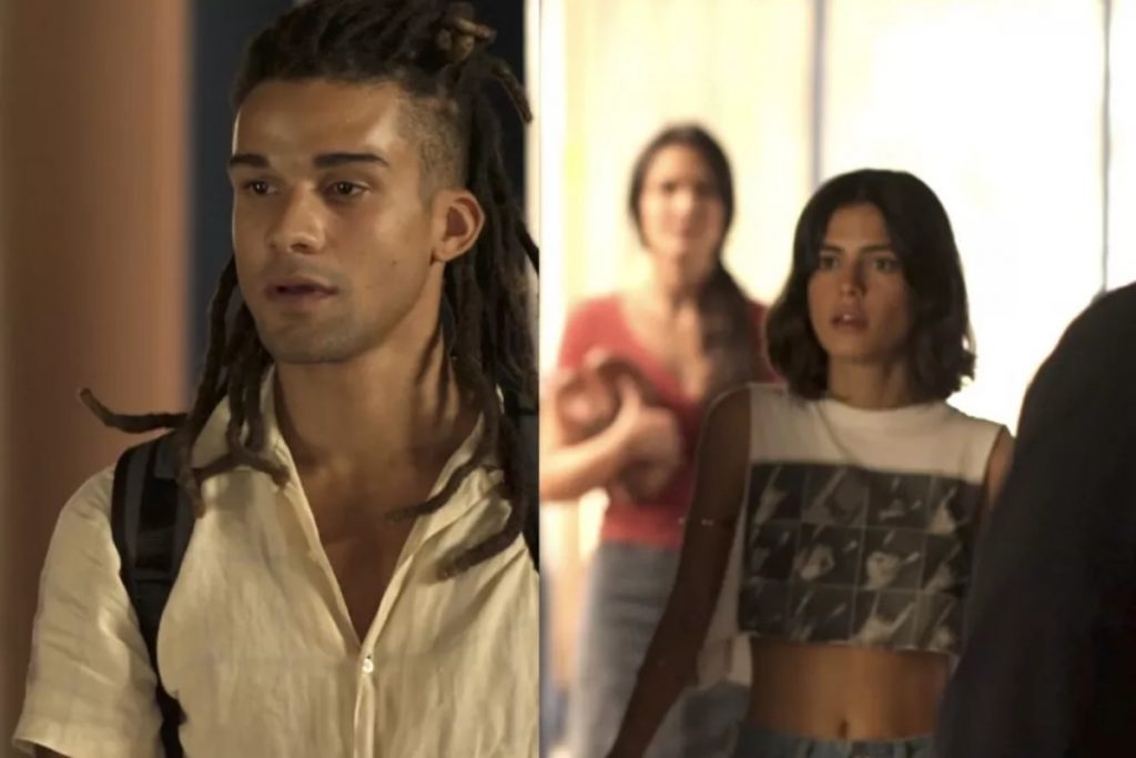 fotomontagem de marcelo (lucas leto) e guta (julia dalavia) se encontrando em pantanal