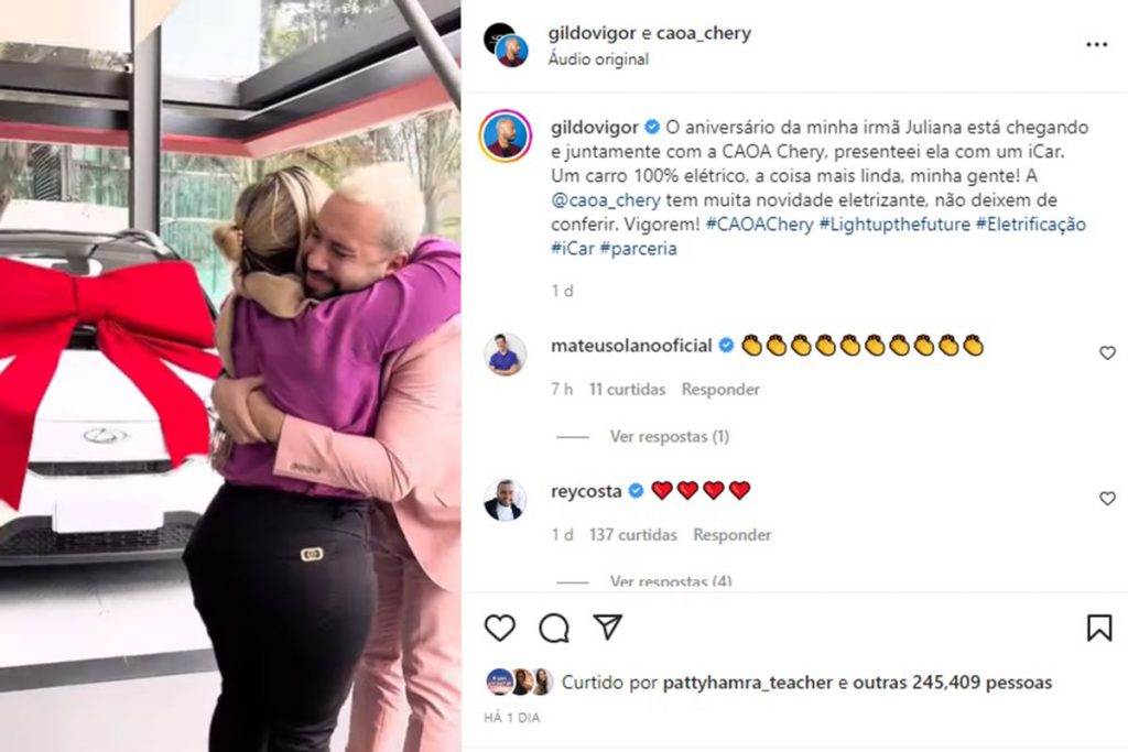 Gil do Vigor presenteia a irmã com carro luxuoso