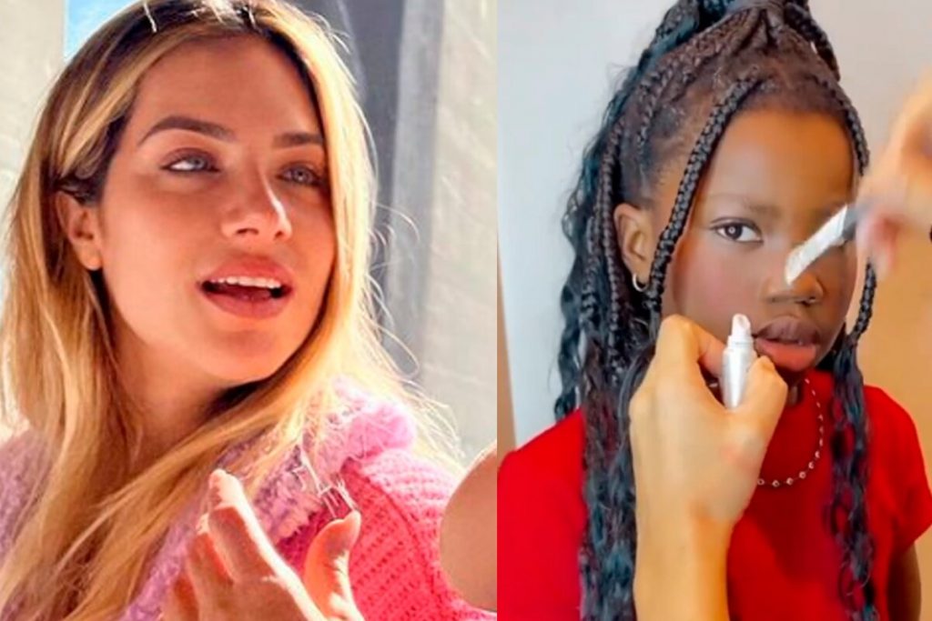Giovanna Ewbank admirando Titi ao ser maquiada