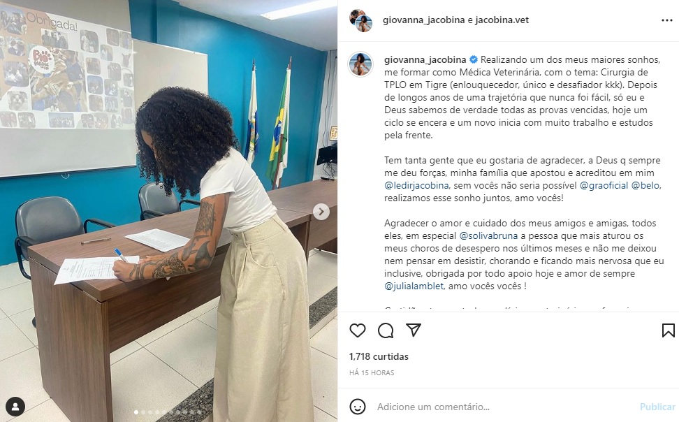 Giovanna Jacobina, irmã de Gracyanne Barbosa, se forma em medicina veterinária