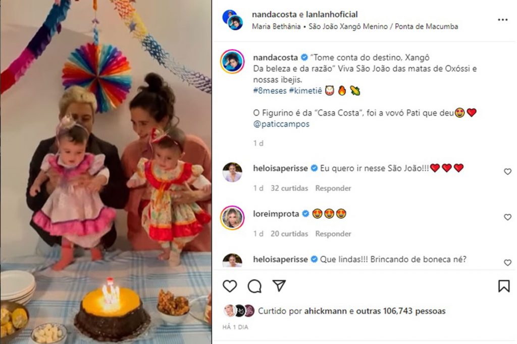Kim e Tiê, filhas de Nanda Costa e Lan Lanh, tiveram uma festa em clima junino