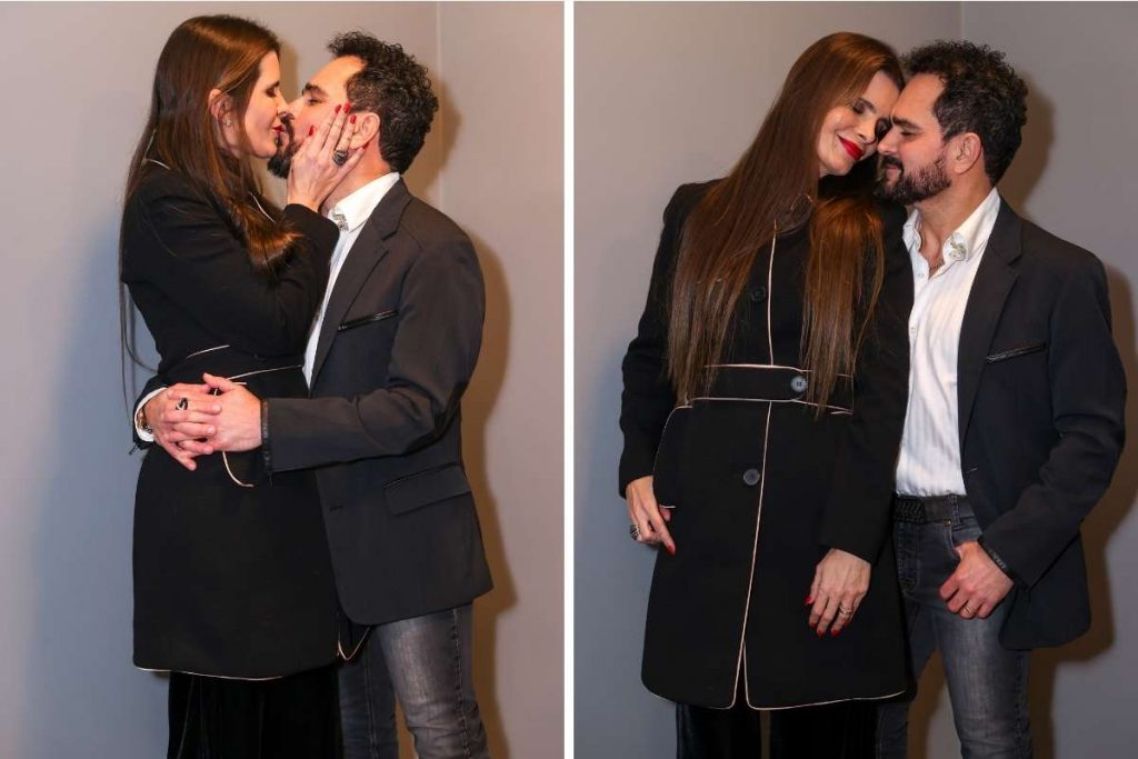 Luciano Camargo recebe a esposa nos bastidores de show em São Paulo