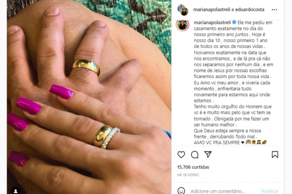 Mariana Polastreli anunciando noivado com Eduardo Costa no Instagram