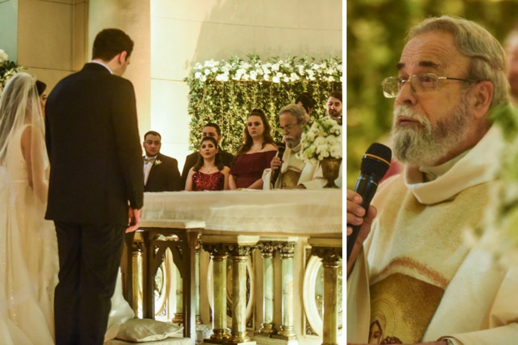 Jorge Abrão se casando com Isabella Morais e Padre Antônio Maria realizando a cerimônia