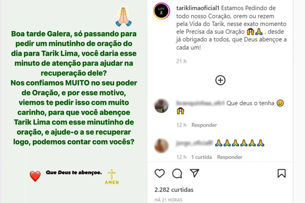 Equipe de Tárik Lima posta pedido de oraçõesao cantor, antes da sua morte