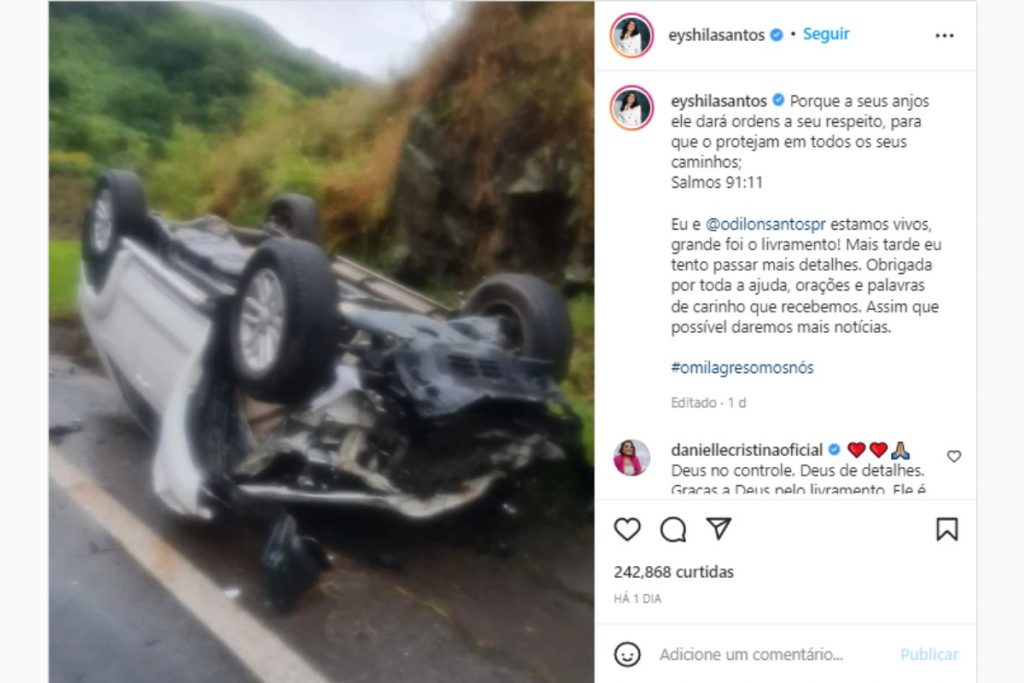 Eyshila publicando uma foto do acidente de carro no instagram