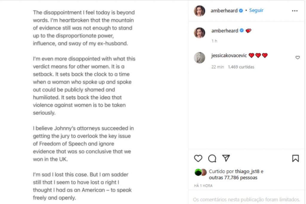 amber heard lamentando resultado d ejulgamento contra johnny depp no instagram