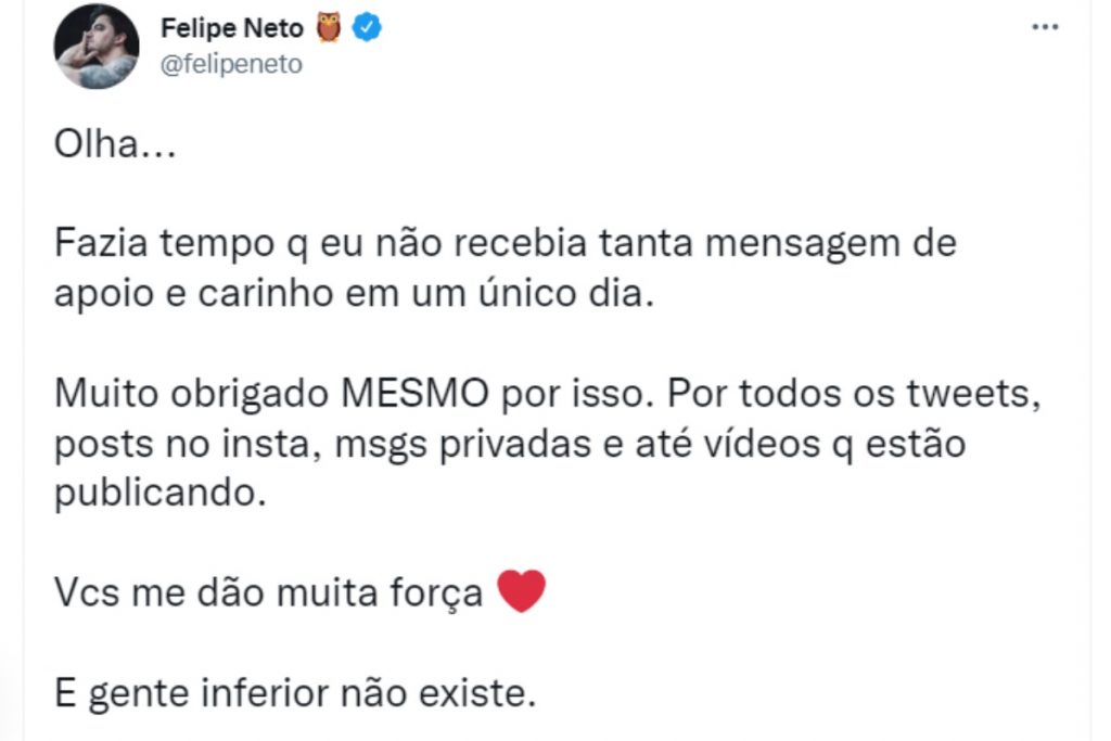 Felipe Neto agradecendo apoio dos fãs em meio a briga com Tiago Leifert no Twitter