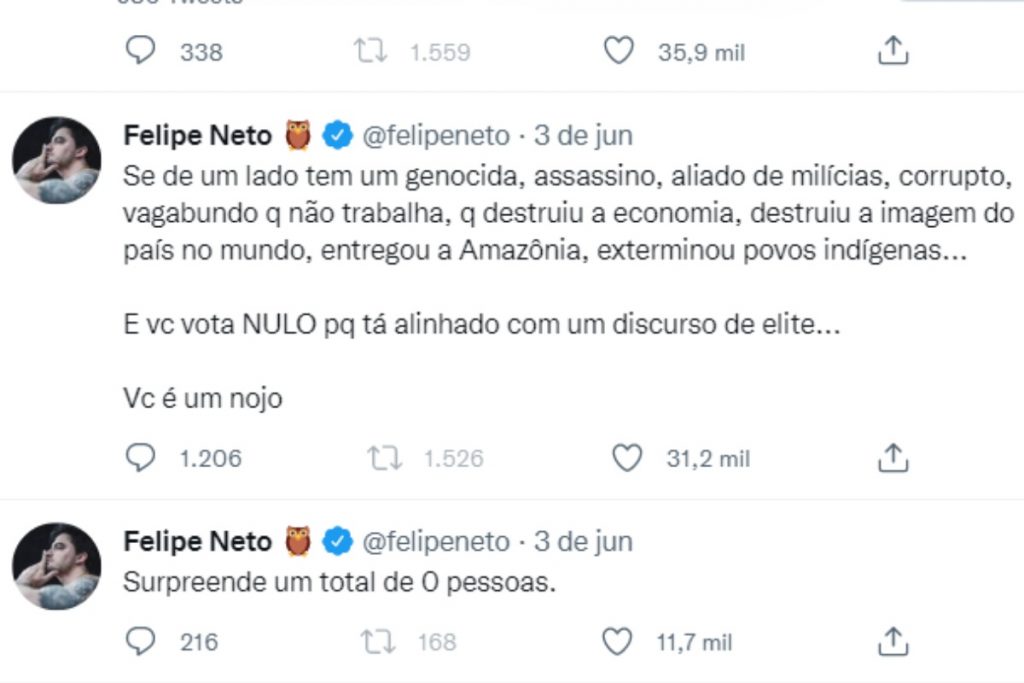 Felipe Neto criticando posicionamento político de Tiago Leifert no Twitter