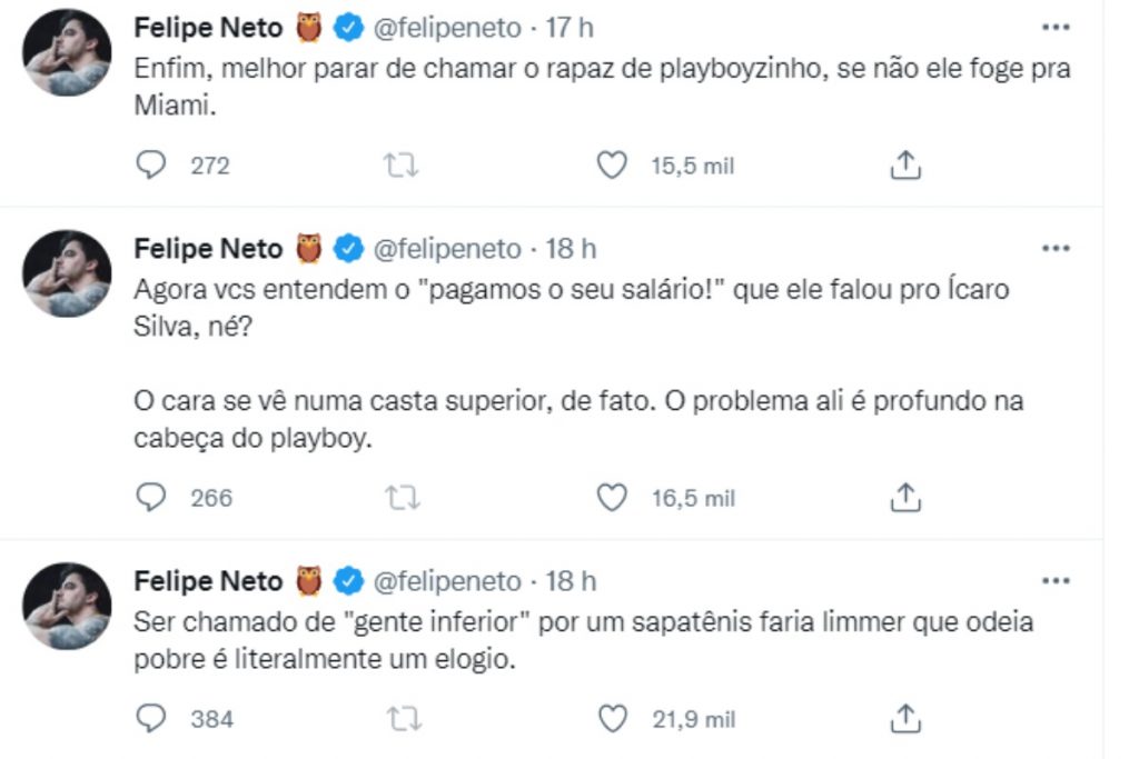 Felipe Neto rebatendo críticas de Tiago Leifert no Twitter