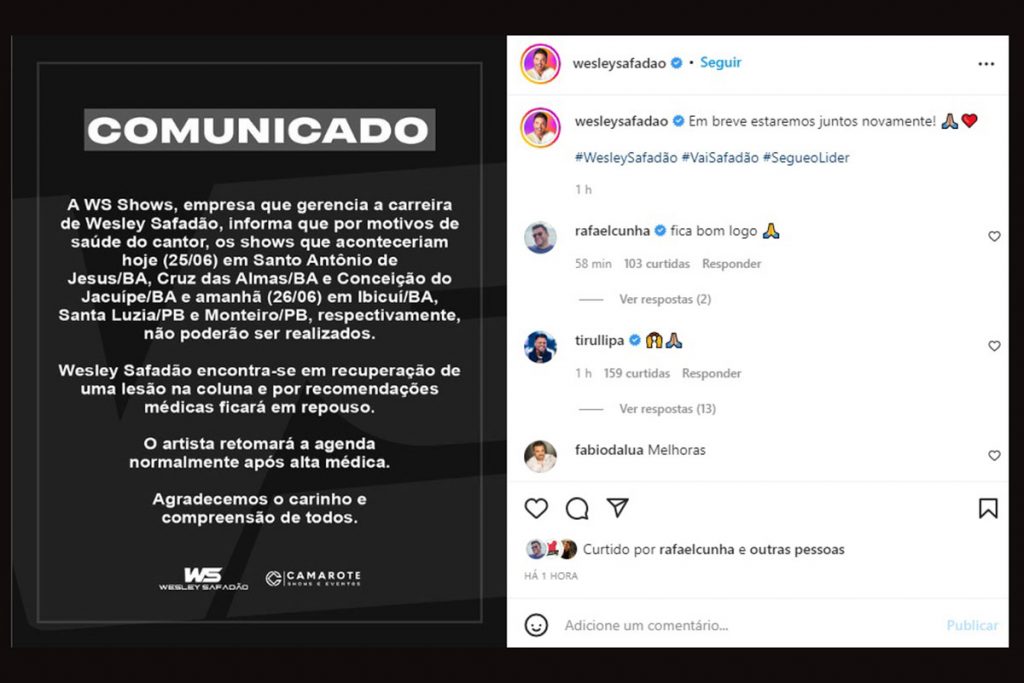 Wesley Safadão cancela shows por problema na coluna