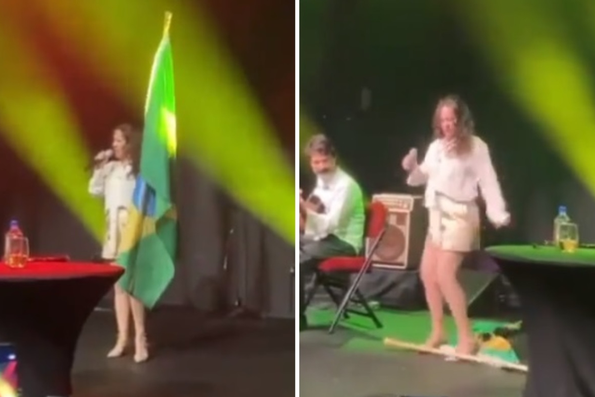 Bebel Gilberto samba em bandeira do Brasil como forma de protesto