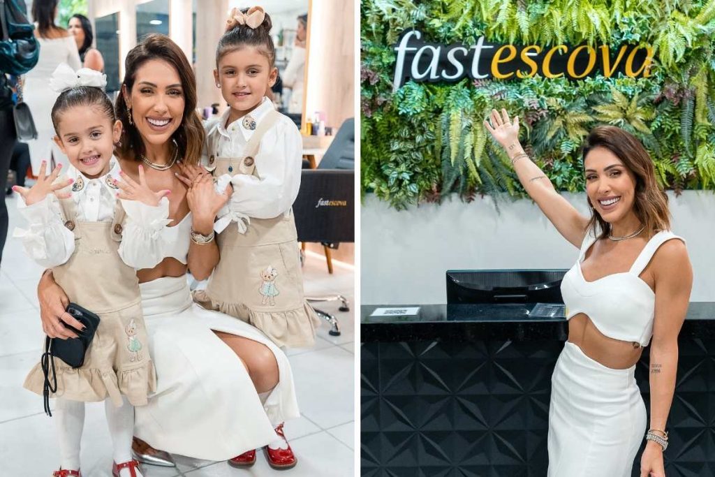 Bella Falconi e filhas posando para foto em inauguração do salão Fast Escova