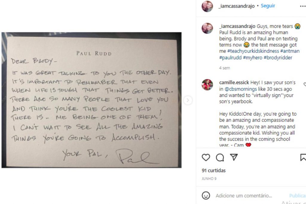 Carta de Pual Rudd para Brody Ridder no Instagram