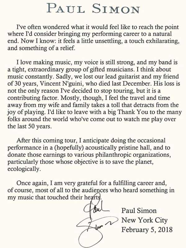 Carta de aposentadoria escrita por Paul Simon em 2018