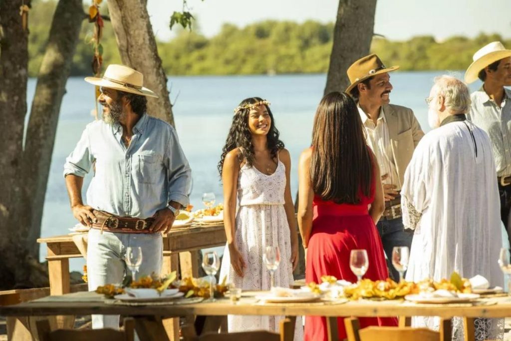 Elenco de Pantanal nos bastidores do casamento de Juma e Jove