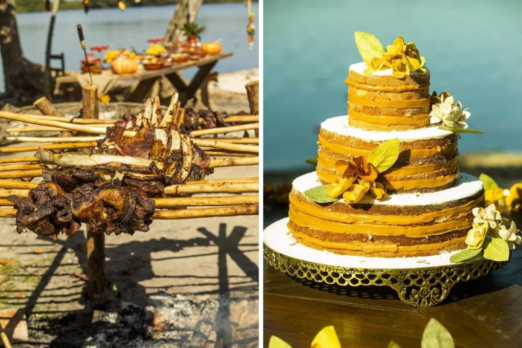 Churrasco e bolo do casamento de Juma e Jove, na novela Pantanal