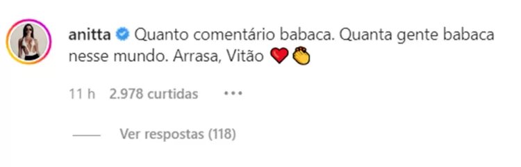 Comentário de Anitta sobre haters de Vitão