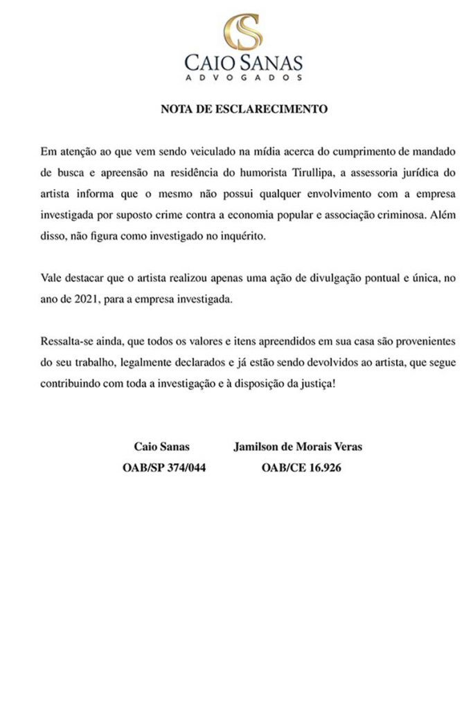 Comunicado da equipe jurídica de Tirulipa