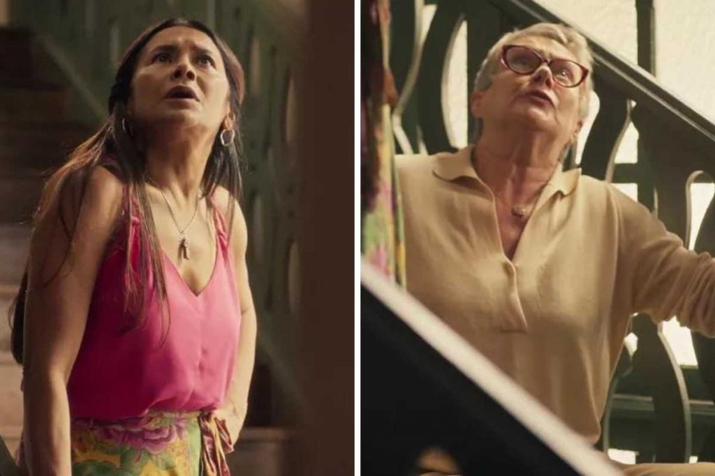 Mariana (Selma Egrei) e Filó (Dira Paes) assustadas em Pantanal