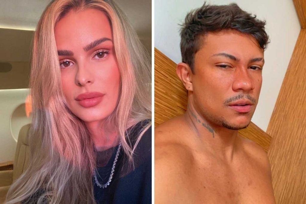 fotomontagem de selfies retratos de yasmin brunet e xamã