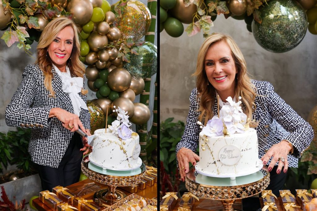 Helô Pinheiro posa para fotos com bolo de aniversário