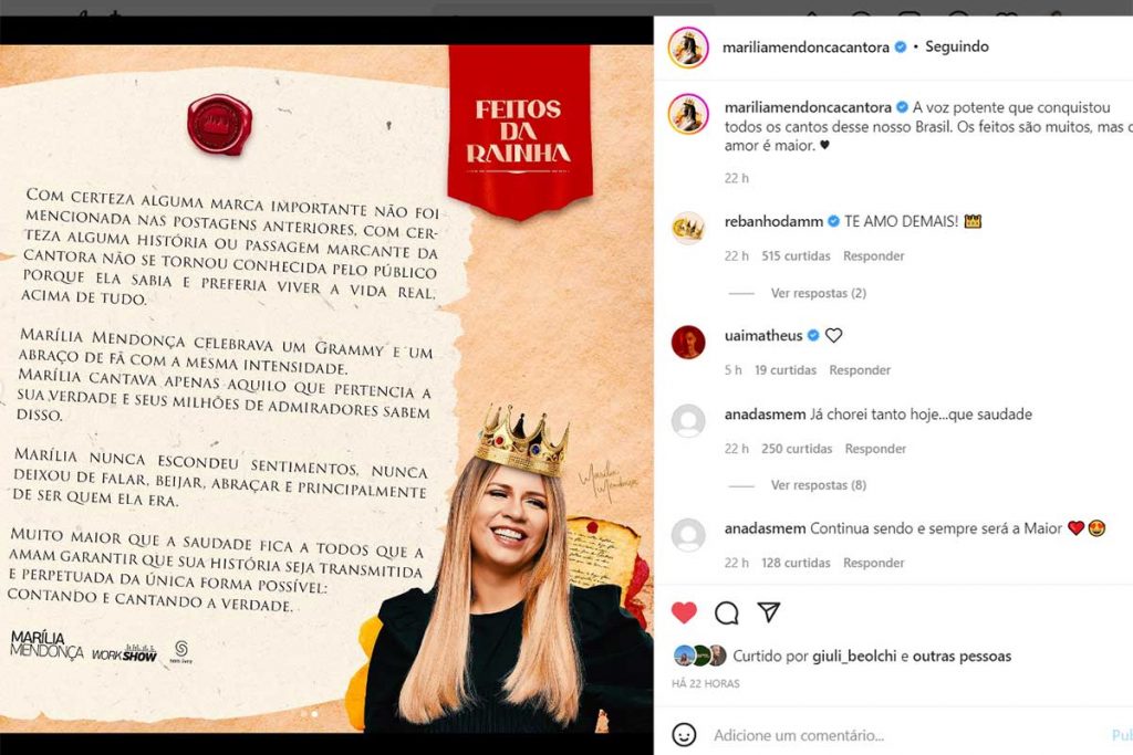 Homenagem à Marília Mendonça nas redes sociais da cantora