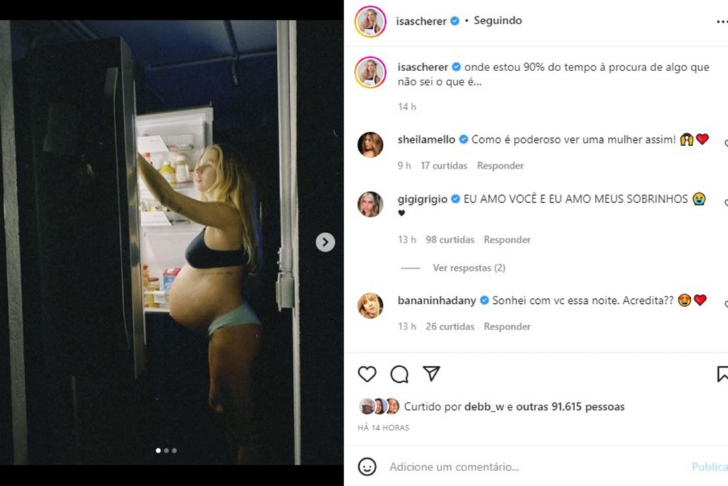 Isabella Scherer mostra o barrigão da gravidez de gêmeos