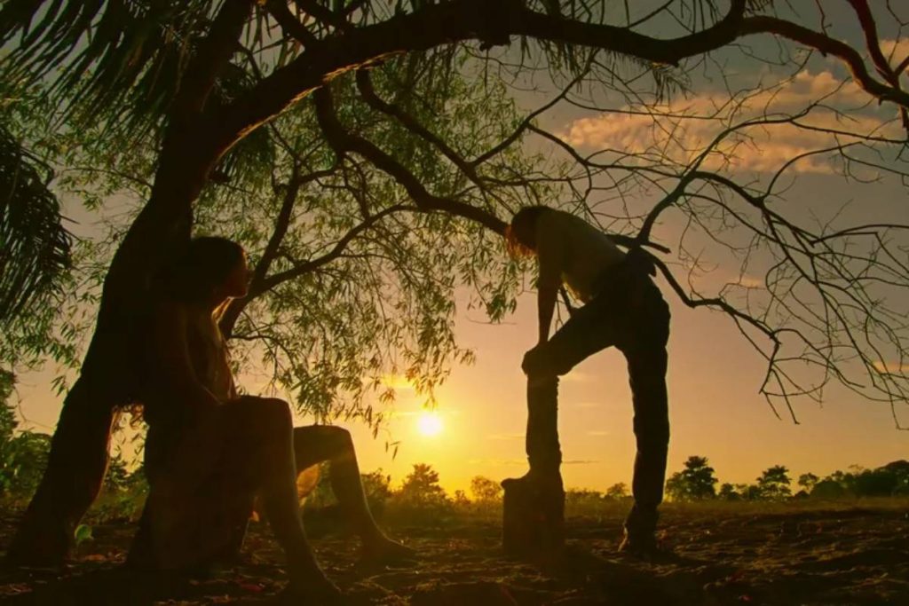 juma (alanis guillen) pedindo jove (jesuita barbosa) em casamento durante pôr-do-sol em pantanal