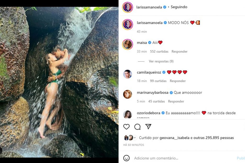 Larissa Manoela e André Luiz Frambach curtem cachoeira juntinhos
