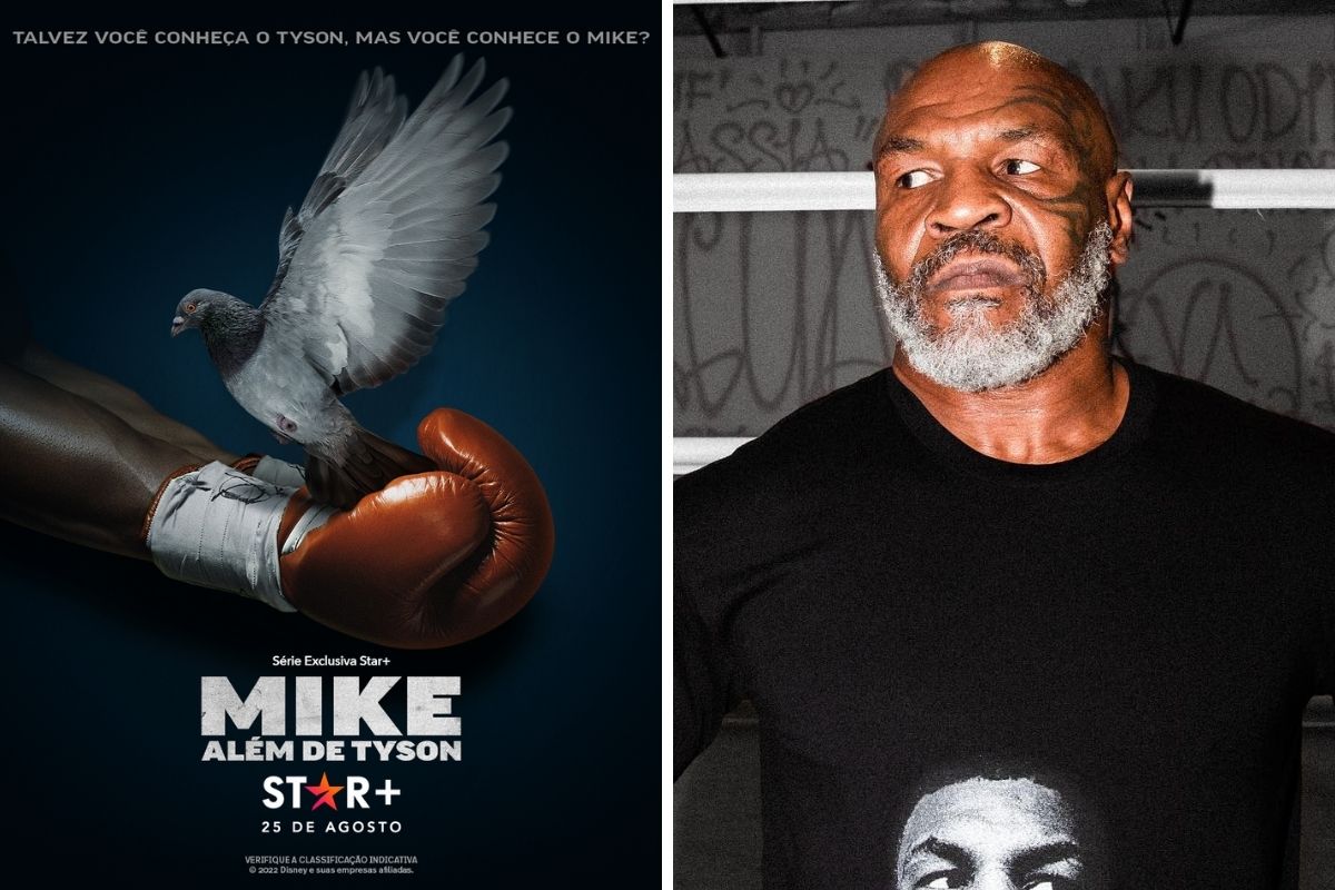 Pôster da série 'Mike: Além de Tyson" e Mike Tyson posando para foto