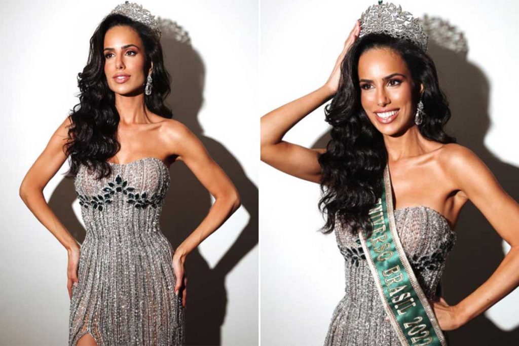 Mia Mamede, com coroa e faixa, após ser eleita Miss Universo Brasil 2022