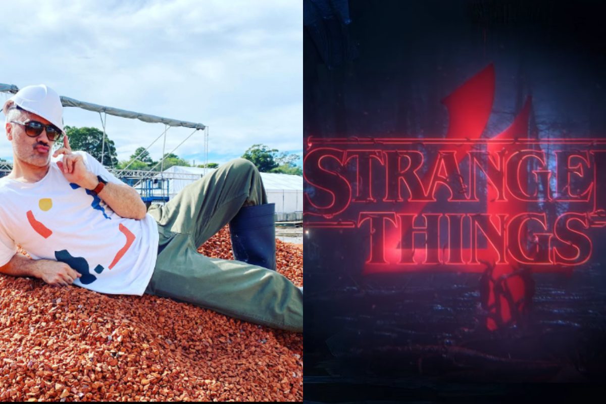 Taika Waititi em suas redes, ao lado do logo de Stranger Things