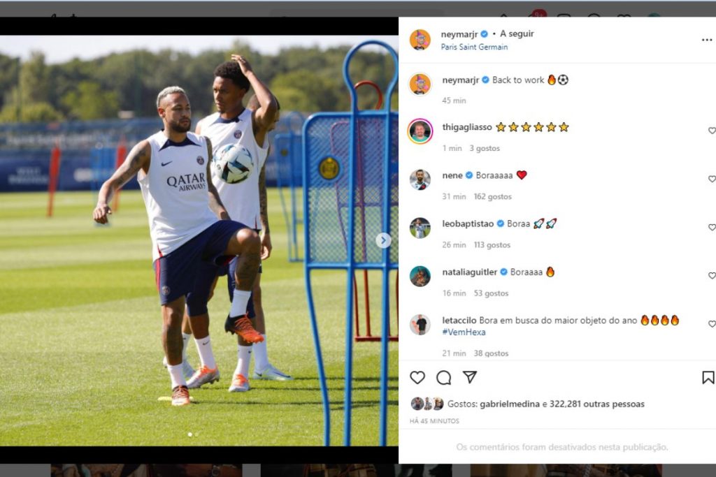 Neymar faz post sobre treino no PSG