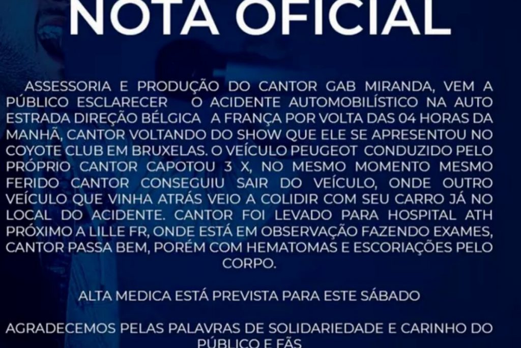 Nota oficial da produção de Gabriel Miranda