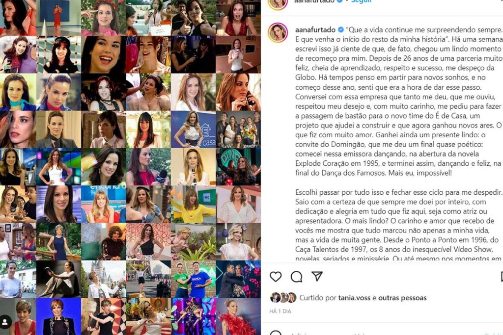 post de despedida da Globo feito por Ana Furtado