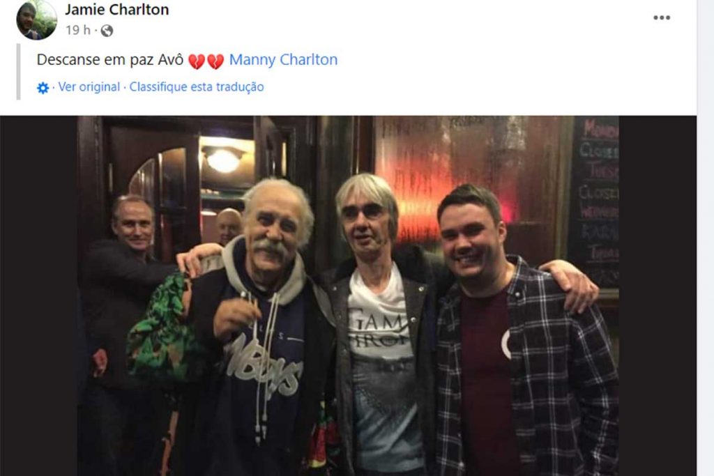 Post de Jamie Charlton, sobre a morte de Manny Charlton