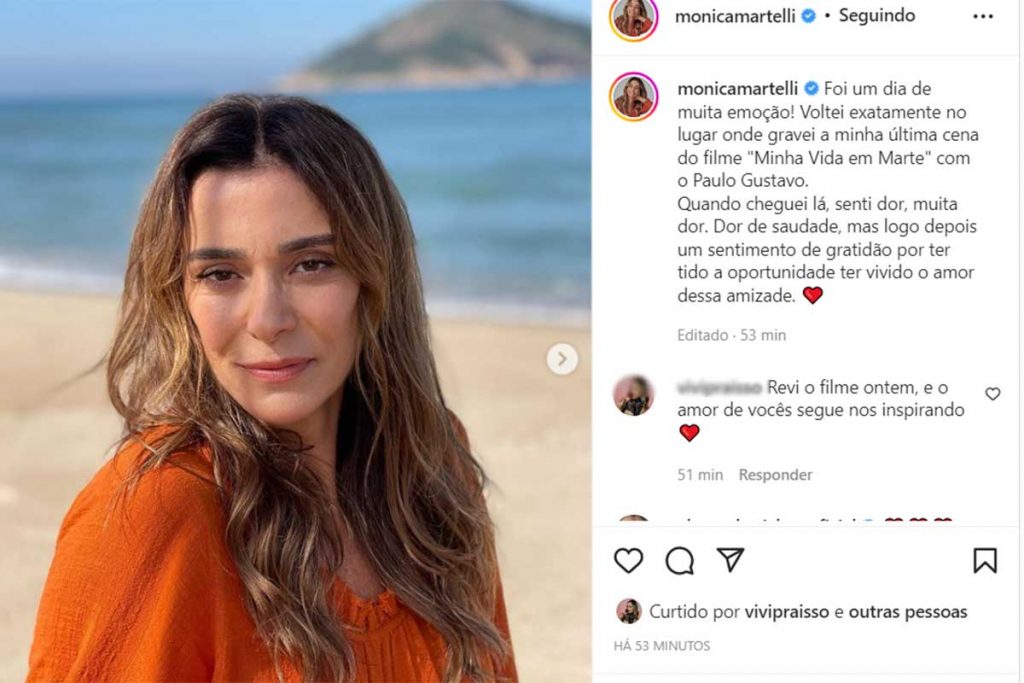 Post de Mônica Martelli sobre visitar praia que filmou com Paulo Gustavo