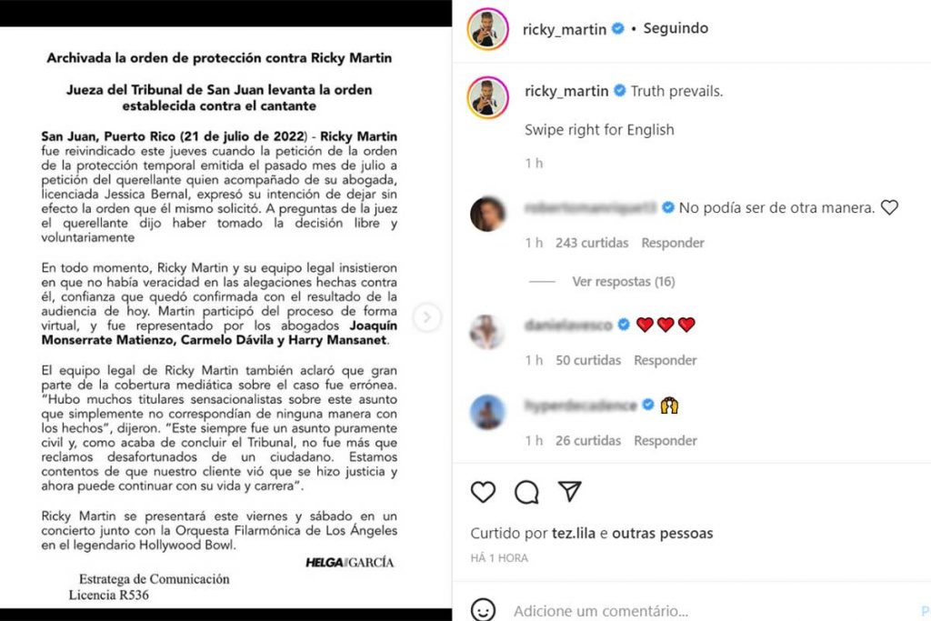 Ricky Martin posta resolução da ação sobre suposto assédio sexual