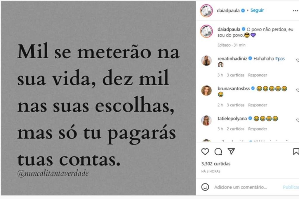 Daiane de Paula se pronunciando sobre fala de Caio Castro no Instagram