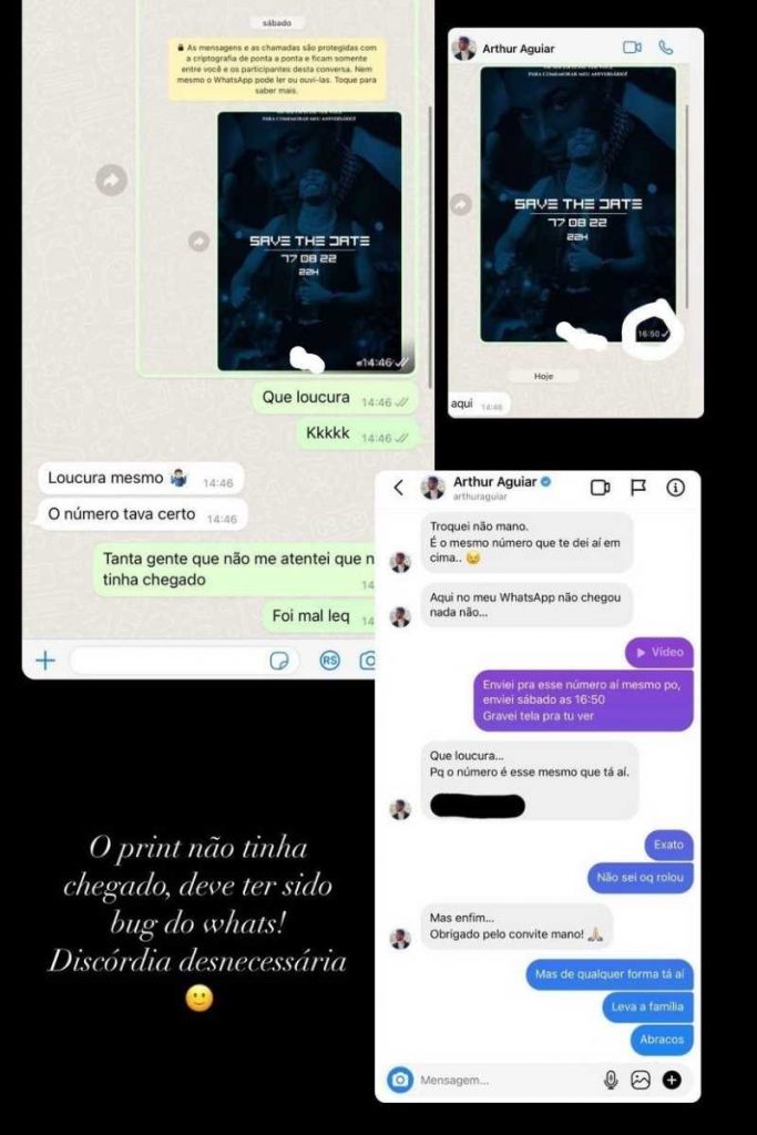 Prints de PA mostrando convite a Arthur Aguiar para aniversário