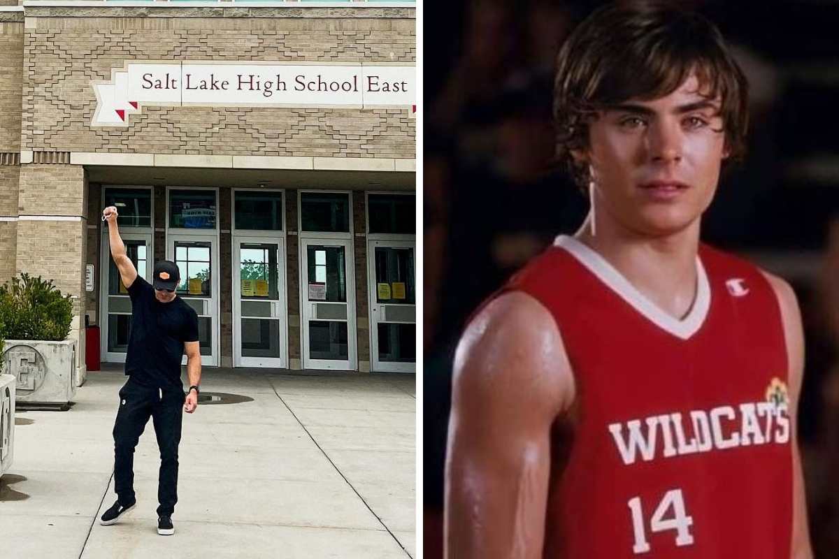 Zac Efron posa para foto na Escola East High, de 'High School Musical'
