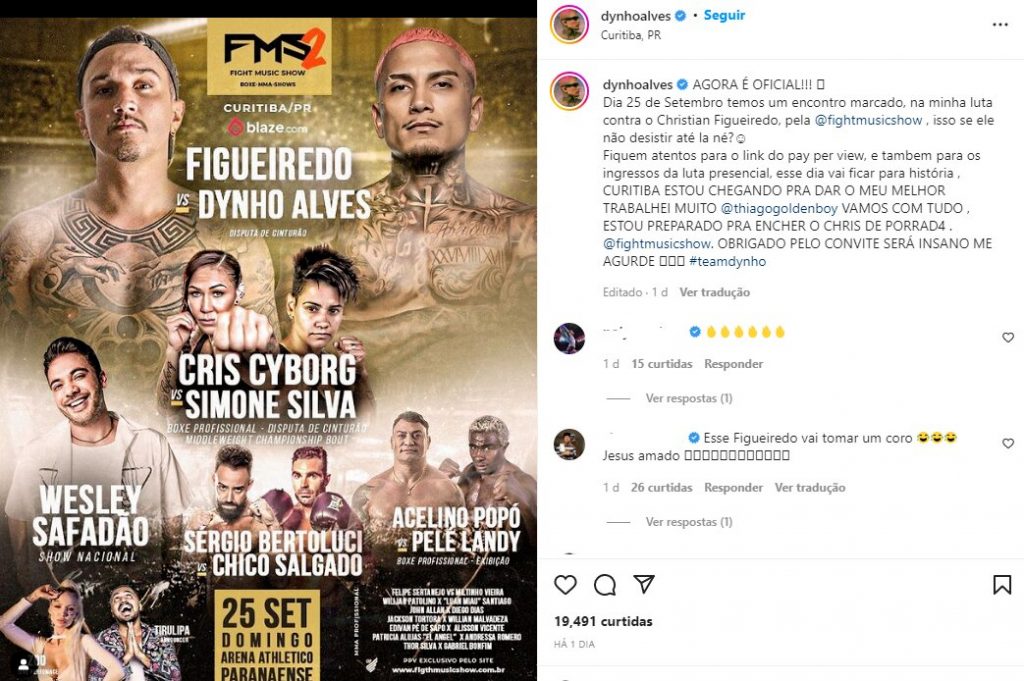 Postagem do anúncio da luta entre Christian /Figueiredo e Dynho Alves 