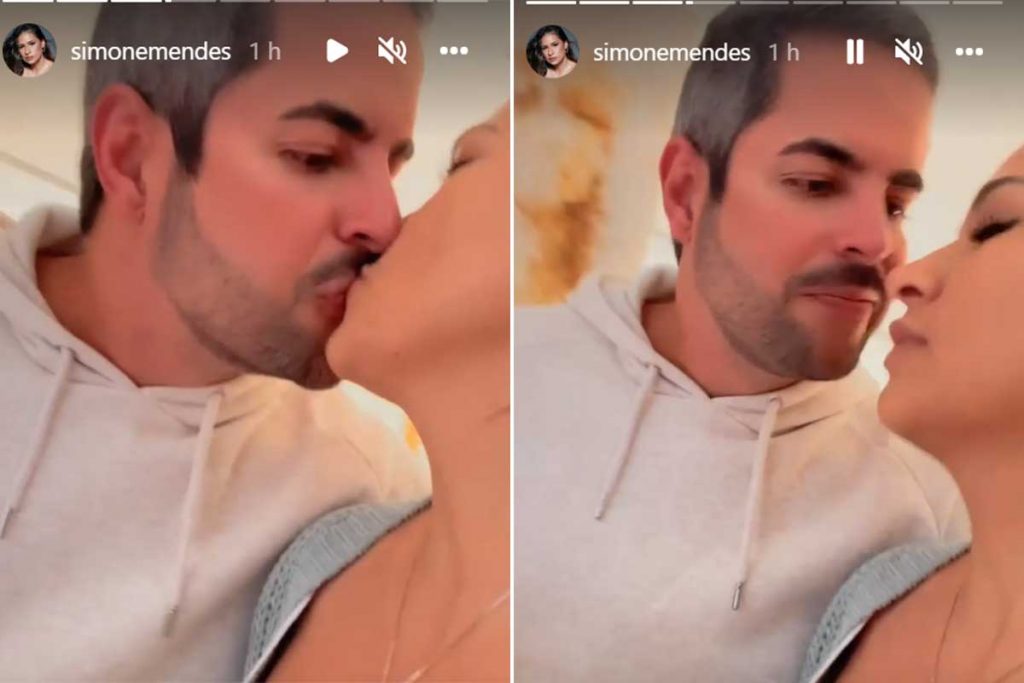 Simone Mendes e Kaká Diniz, seu marido, trocam beijo apaixonado